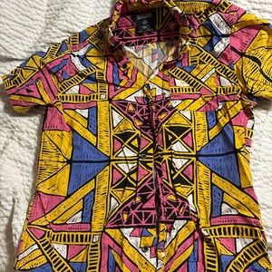 Yellow Pink Graphic Button Down Shirt with Mandarin Collar